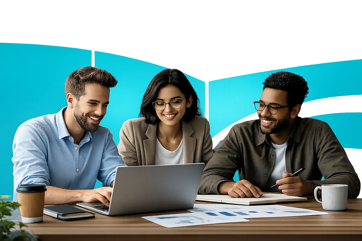 Team of professionals smiling and collaborating around a laptop while exploring AI tools and applications in a modern office